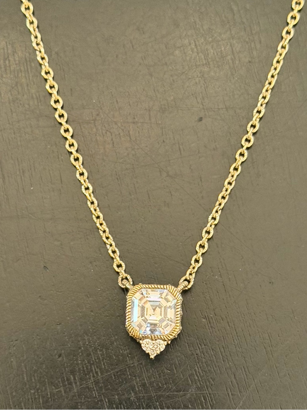 Judith Ripka 14K Gold Clad/ SterlingSilver Asscher Cut CZ Solitaire Necklace 18”